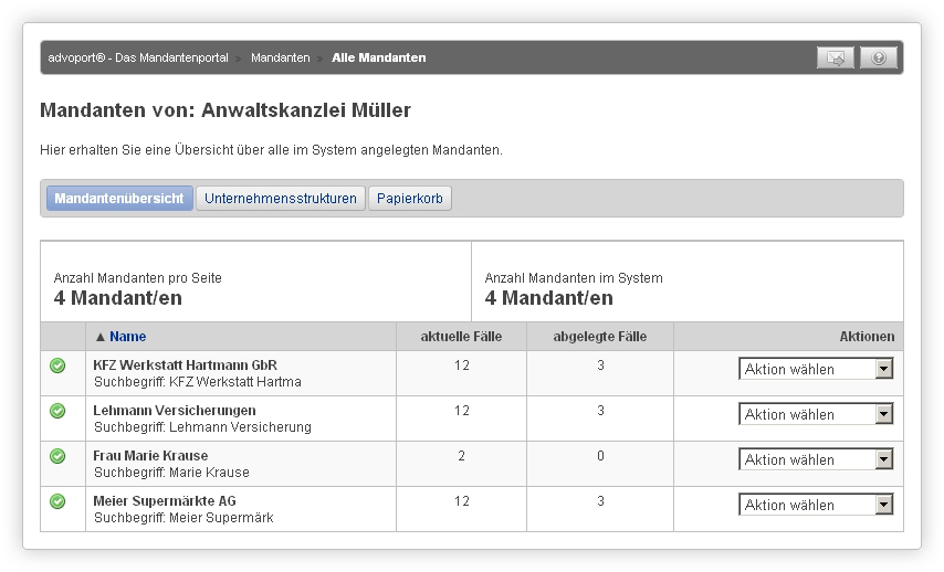 Strukturierte Übersicht über alle online befindlichen Mandanten.