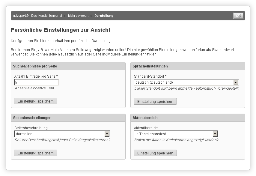 Persönliche Einstellungen zur Ansicht von advoport ®
