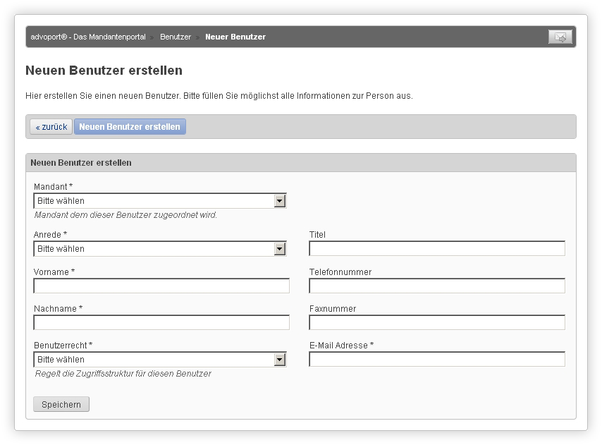 Administratoren können ganz einfach neue Benutzer für Mandanten anlegen.