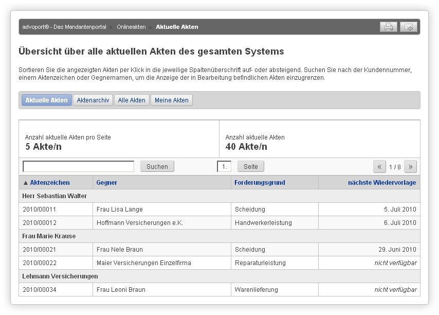 Alle aktuellen Akten gruppiert nach Mandanten.