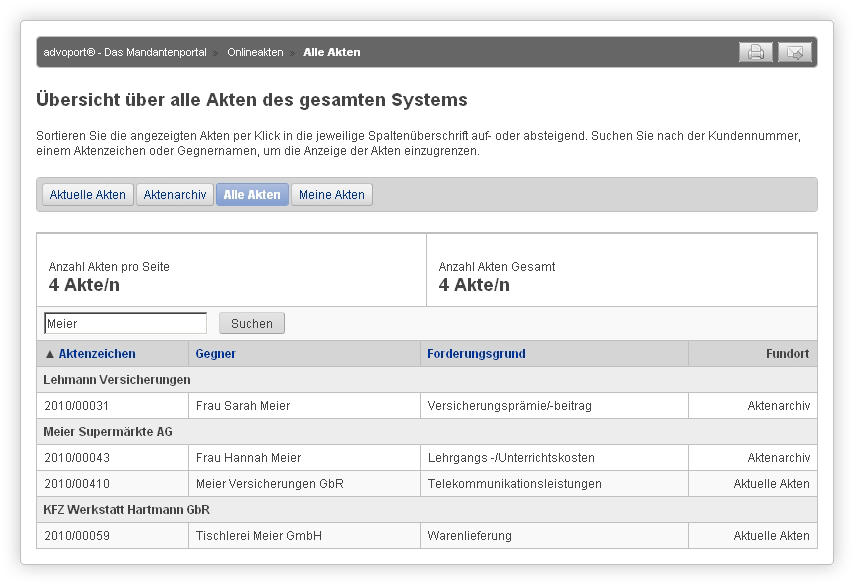 Die globale Suche von advoport ® erleichtert das finden von Webakten.