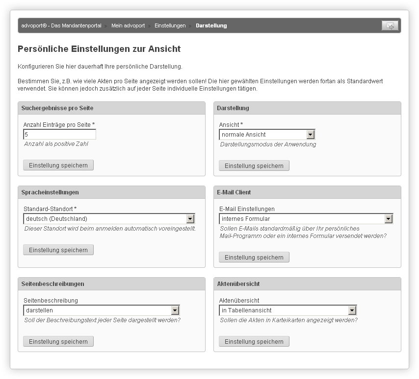 Die persönliche Konfiguration der Darstellung von advoport ®.