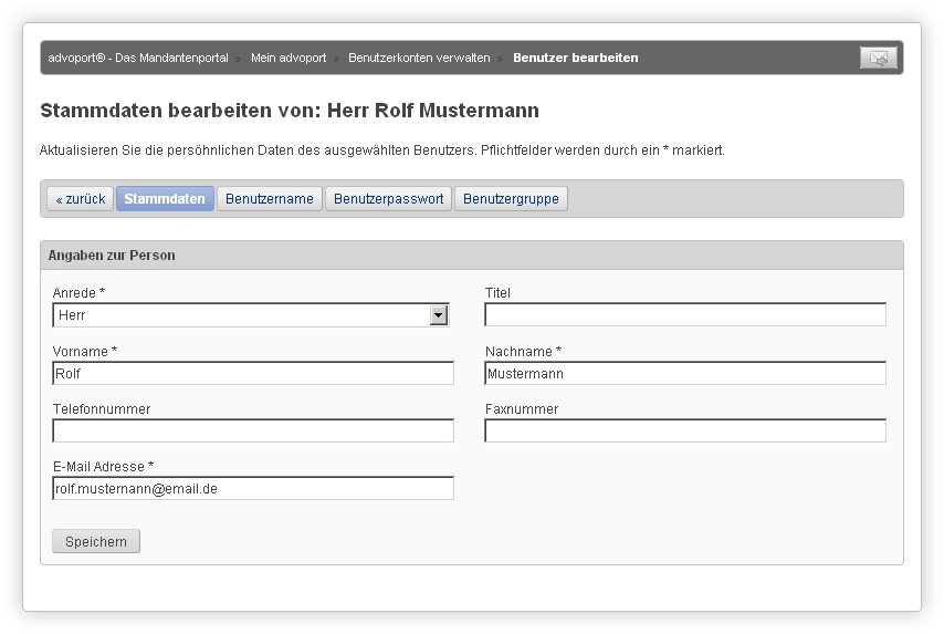 Bearbeiten eines vorhandenen Mandantenbenutzers.