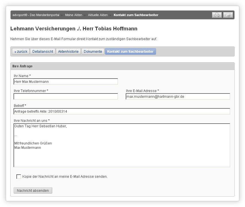 Kontakt zum Sachbearbeiter der Webakte des Mandanten.