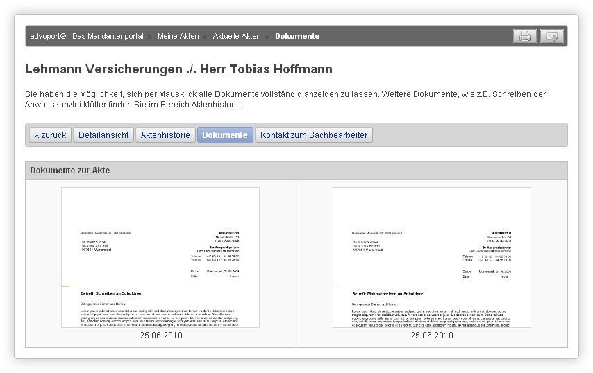 Übersicht über die Dokumente der Webakten des Mandanten.