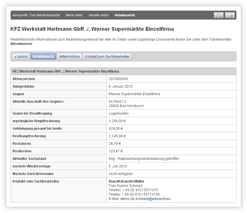 Detailansicht der Webakten des Mandanten.