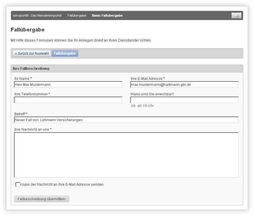 Fallübergabe über das Standardformular.