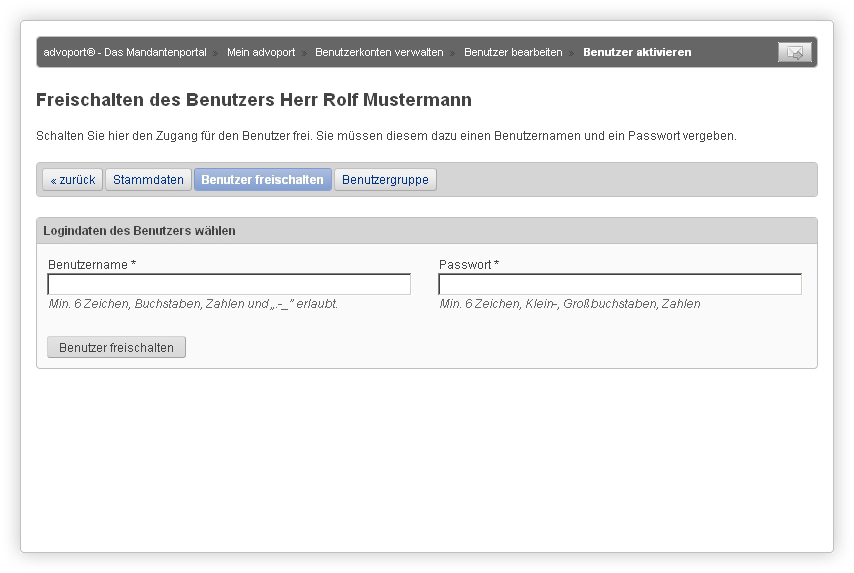 Freischalten eines vorhandenen Mandantenbenutzers.