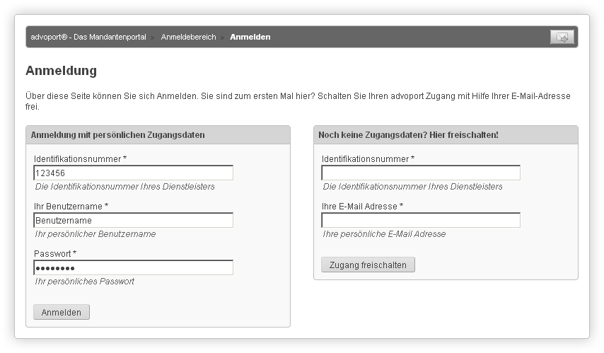 Anmeldebereich in advoport ®