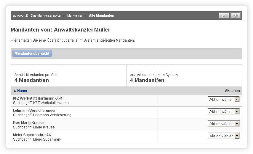 Strukturierte Übersicht über alle Mandanten in advoport ®