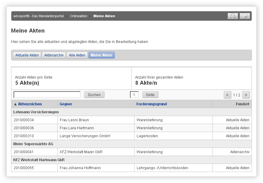 Strukturierte Übersicht über alle Webakten des Sachbearbeiters.